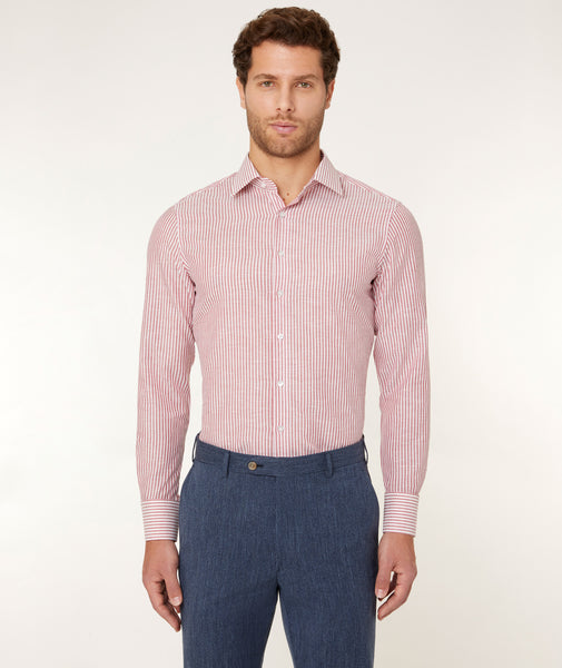 White Red Cotton Linen Stripes Shirt