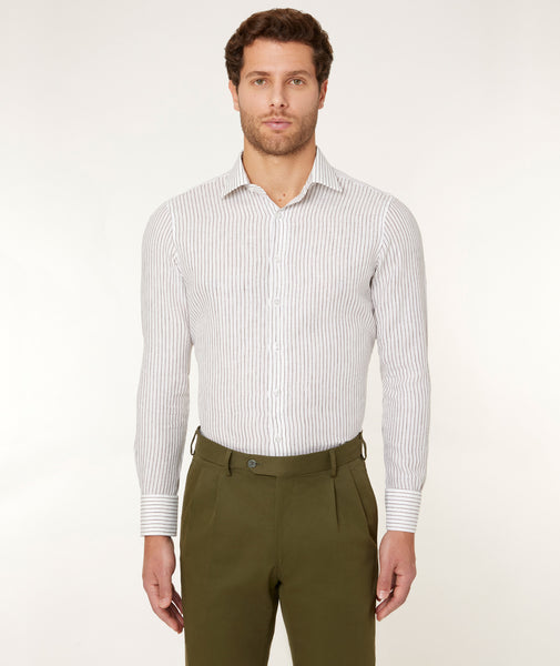 White linen shirt with brown stripes